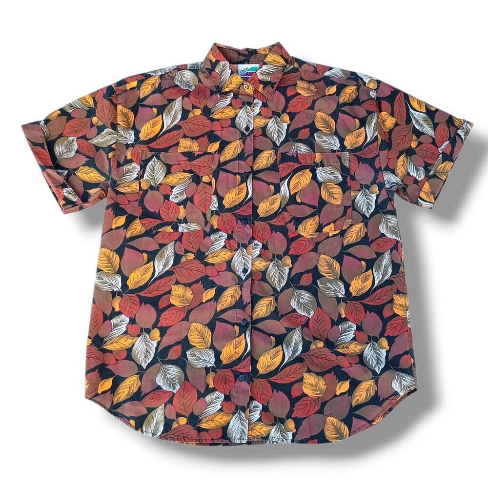 Vintage Center Aisle Fall Leaves Button Front Shirt-Small-Pockets-Boxy-Relaxed